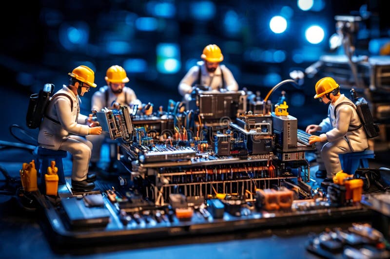 Echipa de tehnicieni în miniatură a inginerilor care repară calculatoare stock illustration
