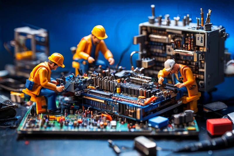 Echipa de tehnicieni în miniatură a inginerilor care repară calculatoare vector illustration