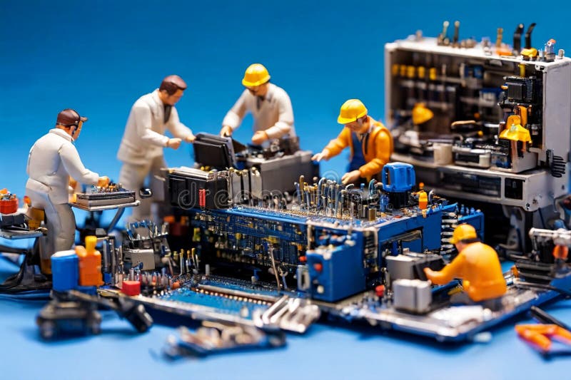 Echipa de tehnicieni în miniatură a inginerilor care repară calculatoare stock illustration