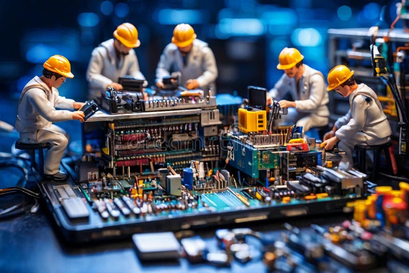 Echipa de tehnicieni în miniatură a inginerilor care repară calculatoare stock image