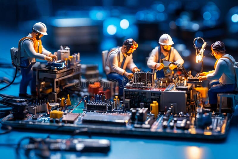 Echipa de tehnicieni în miniatură a inginerilor care repară calculatoare stock image