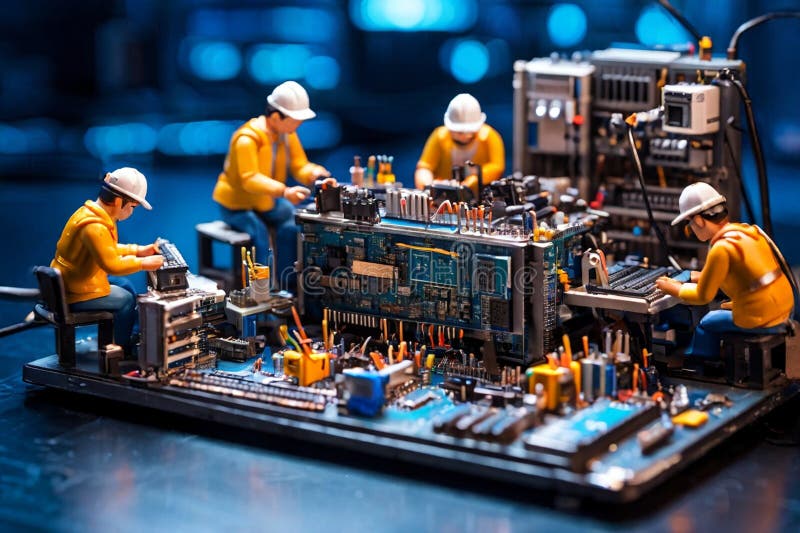 Echipa de tehnicieni în miniatură a inginerilor care repară calculatoare stock photo