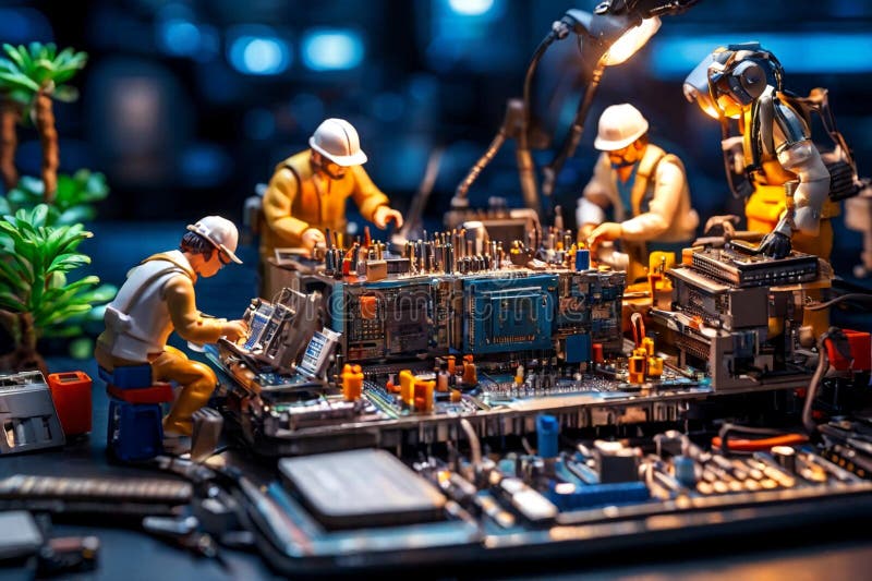 Echipa de tehnicieni în miniatură a inginerilor care repară calculatoare royalty free stock image