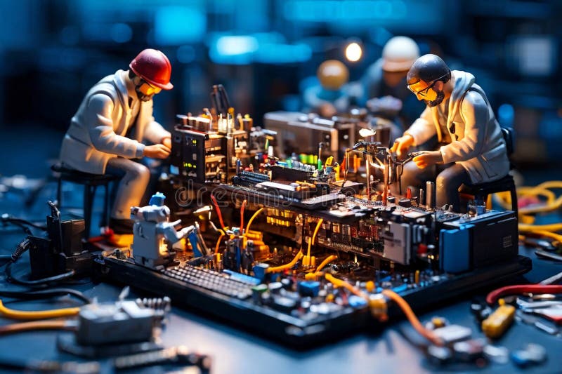 Echipa de tehnicieni în miniatură a inginerilor care repară calculatoare stock photos