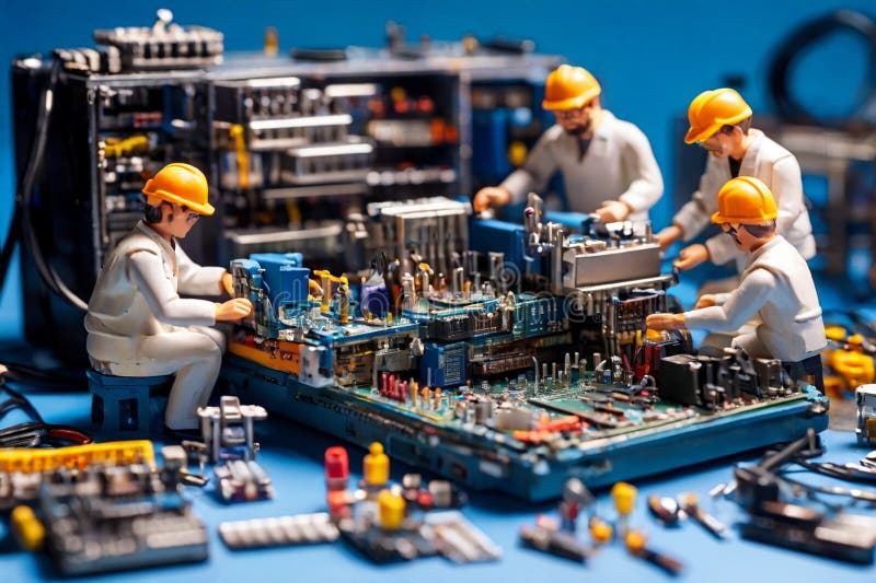 Echipa de tehnicieni în miniatură a inginerilor care repară calculatoare stock image