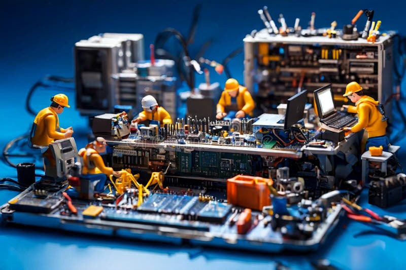 Echipa de tehnicieni în miniatură a inginerilor care repară calculatoare stock images