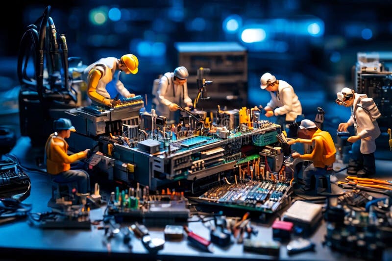 Echipa de tehnicieni în miniatură a inginerilor care repară calculatoare stock image