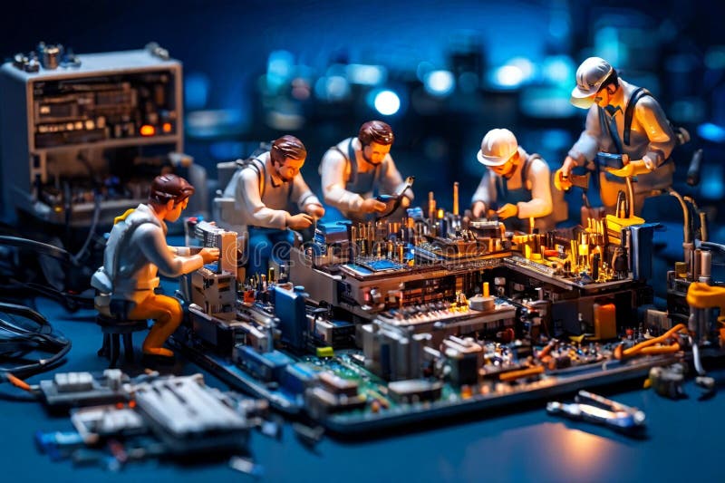 Echipa de tehnicieni în miniatură a inginerilor care repară calculatoare stock image