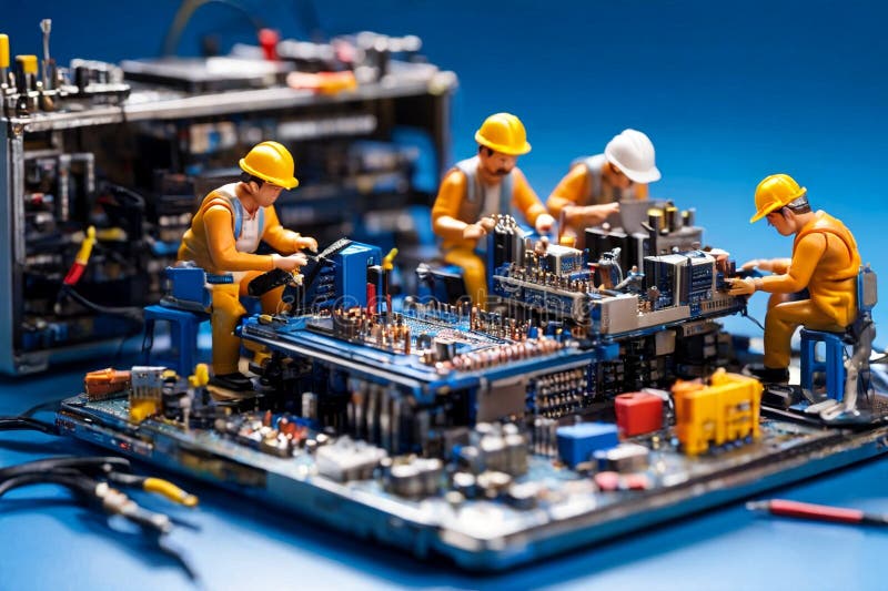 Echipa de tehnicieni în miniatură a inginerilor care repară calculatoare stock photo
