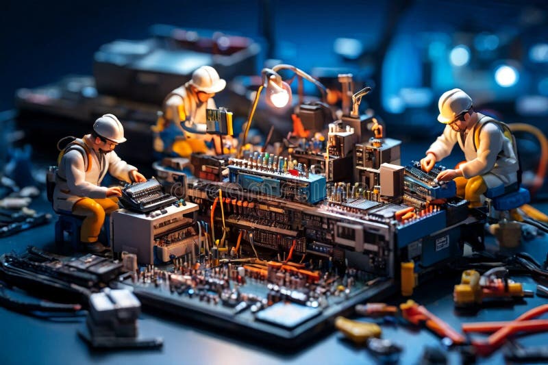 Echipa de tehnicieni în miniatură a inginerilor care repară calculatoare stock illustration
