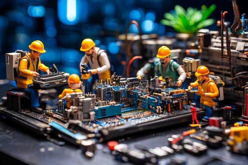 Echipa de tehnicieni în miniatură a inginerilor care repară calculatoare royalty free stock photo