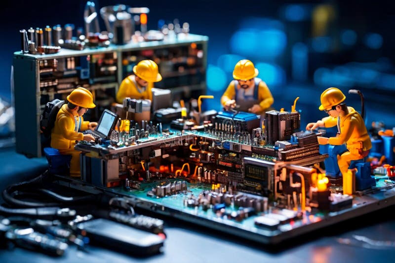 Echipa de tehnicieni în miniatură a inginerilor care repară calculatoare royalty free stock image