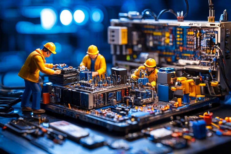 Tehnicieni miniaturali care lucrează pe o placă de circuite de calculatoare stock photos