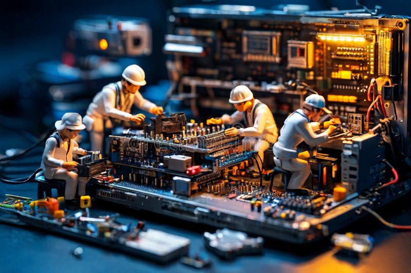 Tehnicieni miniaturali care lucrează pe o placă de circuite de calculatoare royalty free stock photography