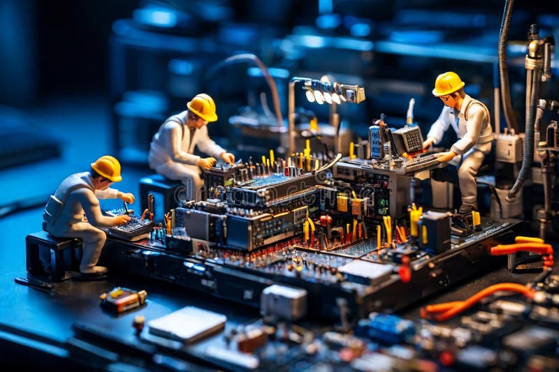 Tehnicieni miniaturali care lucrează pe o placă de circuite de calculatoare. Tehnicieni miniaturali care lucrează pe o placă de circuite computerizate sau pe o placă de bază. concept de asistență tehnică.