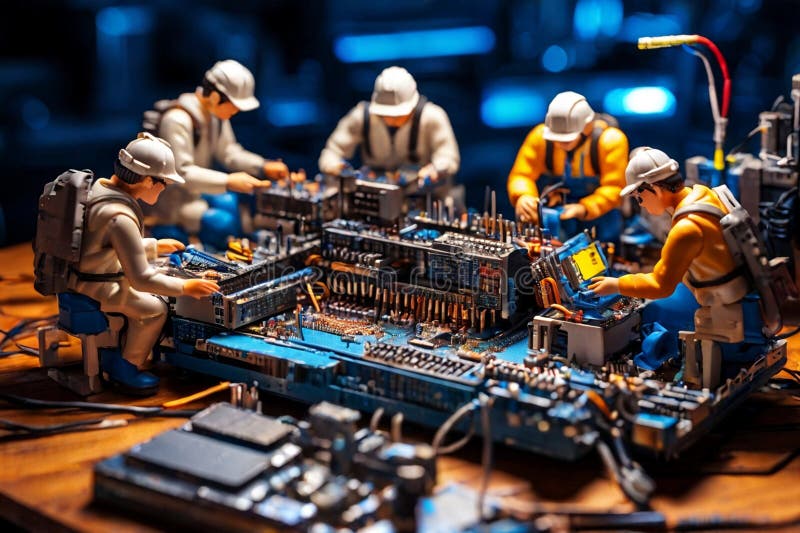Tehnicieni miniaturali care lucrează pe o placă de circuite de calculatoare stock image