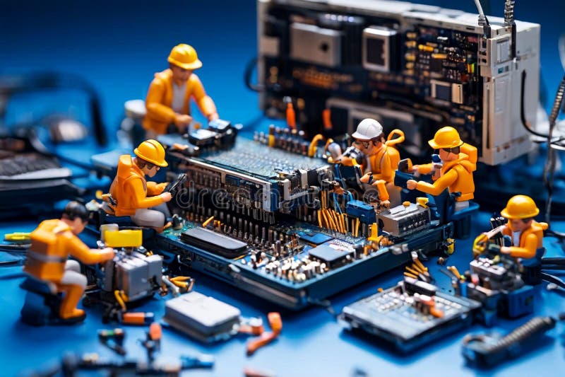 Tehnicieni miniaturali care lucrează pe o placă de circuite de calculatoare stock image