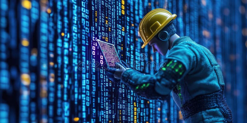 Miniature worker in hard hat examines glowing digital tablet amidst wall of binary code royalty free illustration