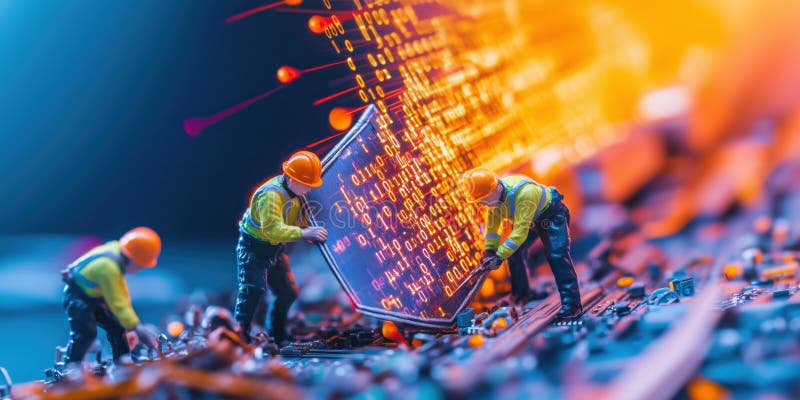 Miniature workers fixing glowing circuit board with digital code sparks royalty free illustration