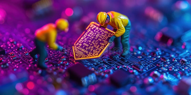 Miniature workers installing glowing shield on circuit board, symbolizing cybersecurity royalty free illustration