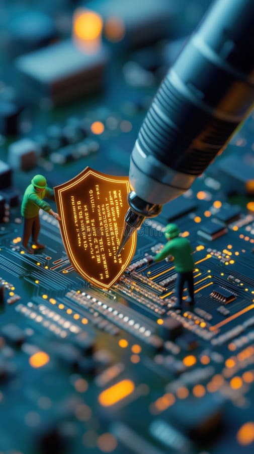 Miniature workers repairing glowing shield on circuit board, symbolizing cybersecurity royalty free illustration