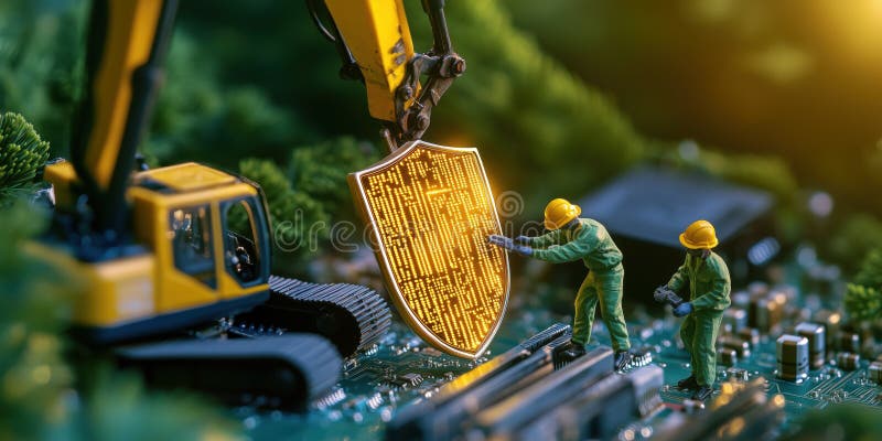 Miniature workers securing glowing shield on circuit board, symbolizing cybersecurity vector illustration