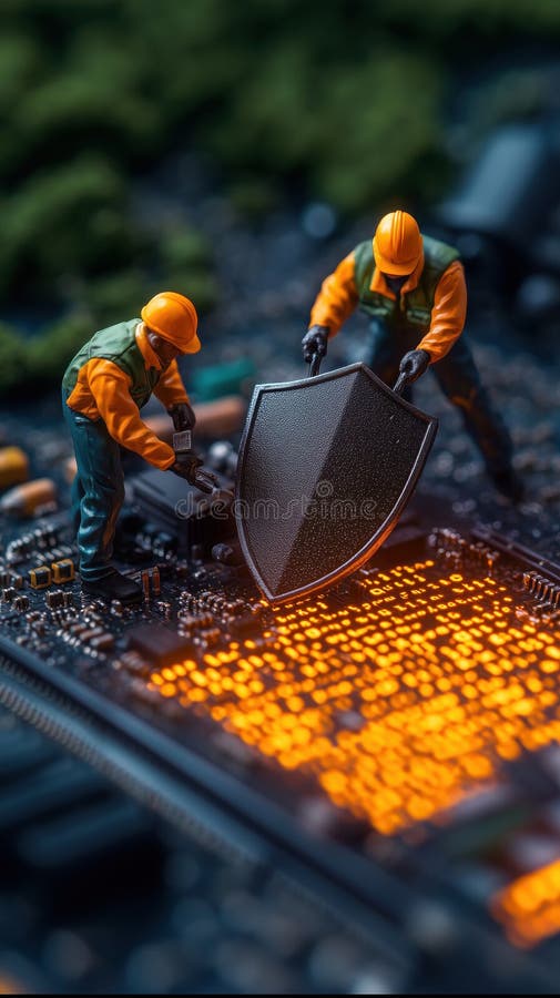 Miniature workers securing shield on glowing circuit board, symbolizing cybersecurity stock illustration