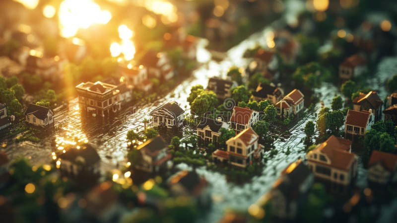 Miniaturowa wioska przy zachodzie słońca : Złota godzina światła w Pixelated Model City ilustracja wektor