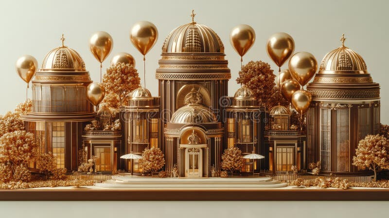 Miniaturowe złote miasto z drzewami, balonami i dużym budynkiem w centrum royalty ilustracja