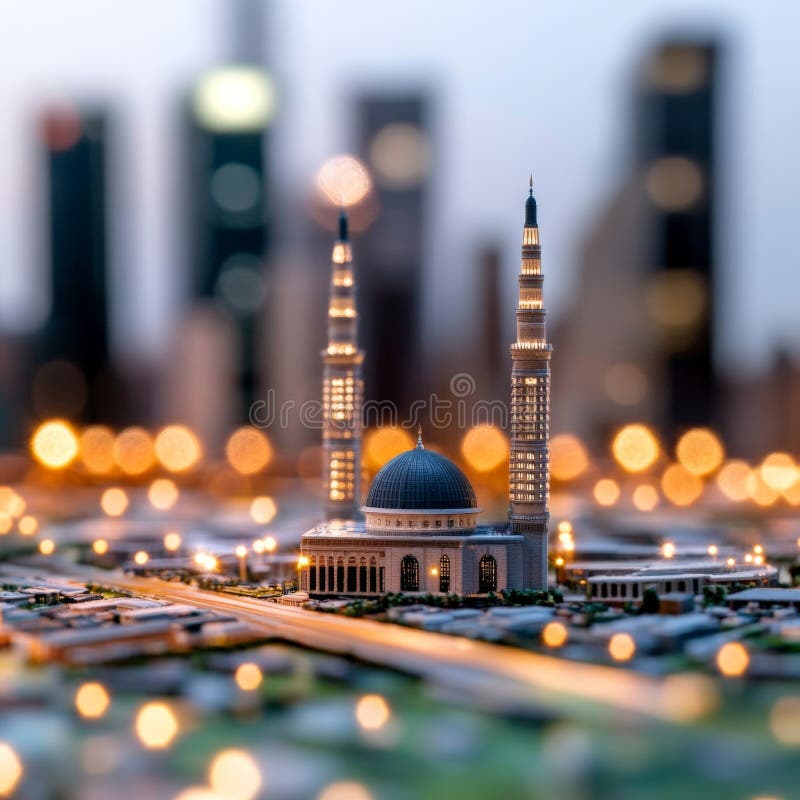 Miniaturowy złoty meczet skomplikowany szczegółowo świecący ciepło przeciwko rozmytej miejskiej architekturze duchowej ilustracji