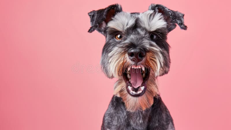 Miniature Schnauzer, angry dog baring its teeth, studio lighting pastel background. Miniature Schnauzer, angry dog baring its teeth, studio lighting pastel background
