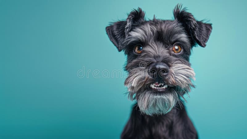 Miniature Schnauzer, angry dog baring its teeth, studio lighting pastel background. Miniature Schnauzer, angry dog baring its teeth, studio lighting pastel background