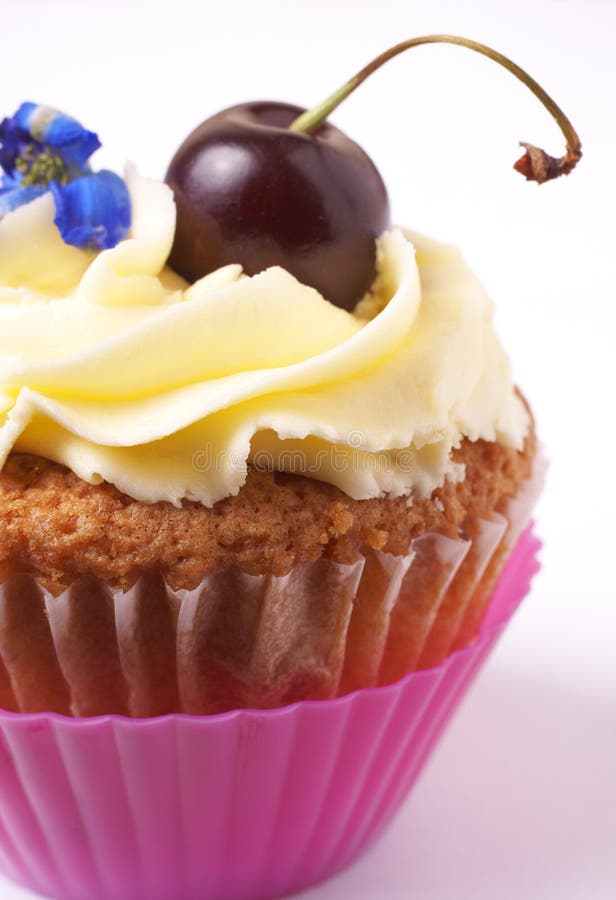 Miniature vanilla cupcake with icing, fresh cherry and blue flower on white background. Macro shot, shallow depth of field. Miniature vanilla cupcake with icing, fresh cherry and blue flower on white background. Macro shot, shallow depth of field