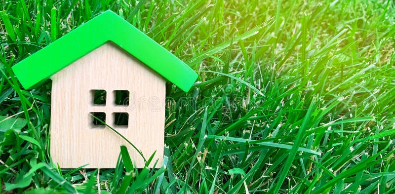 Miniatuurblokhuis op gras Concept 6 van onroerende goederen Milieuvriendelijk en energie efficiënt huis Het kopen van een huis bu