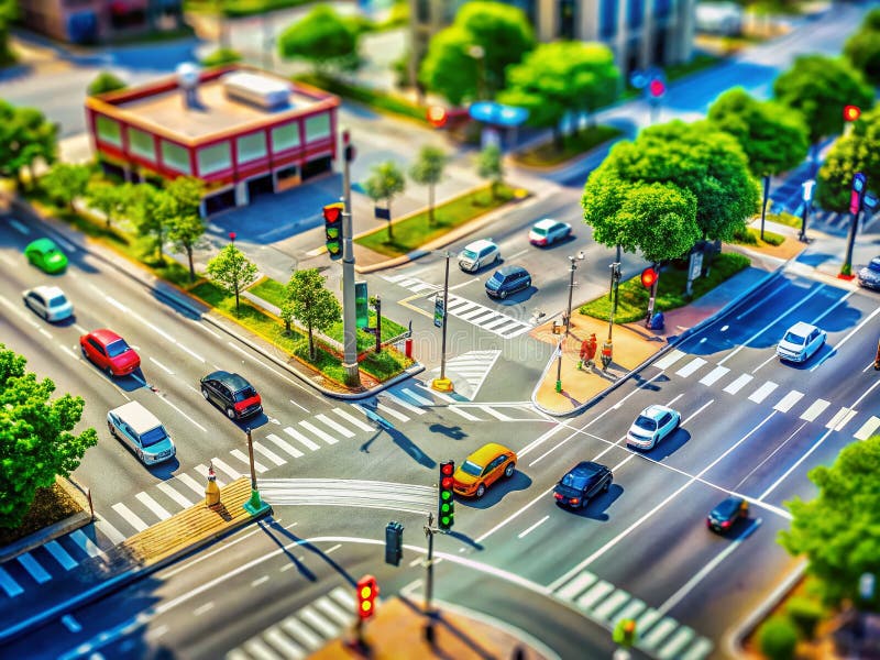 Detaljerad Tilt-Shift-fotografering av en miniatyrkorsning med vänstersvängsskylt och stadstrafikkontroll royaltyfri illustrationer