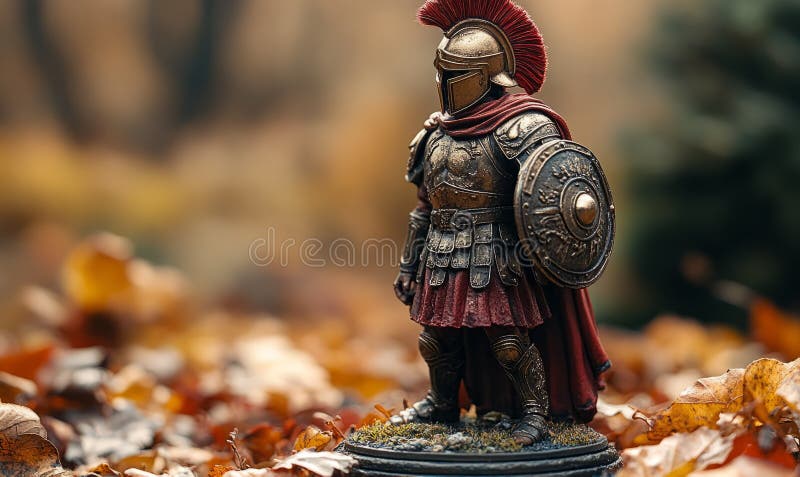 Miniatyrkrigare omgiven av höstblad i serenställning. En miniatyrkrigare är stolt över en basplad i detaljbepansar. Hösten ger en färgstark bakgrund som förbättrar scenens fredliga atmosfär.