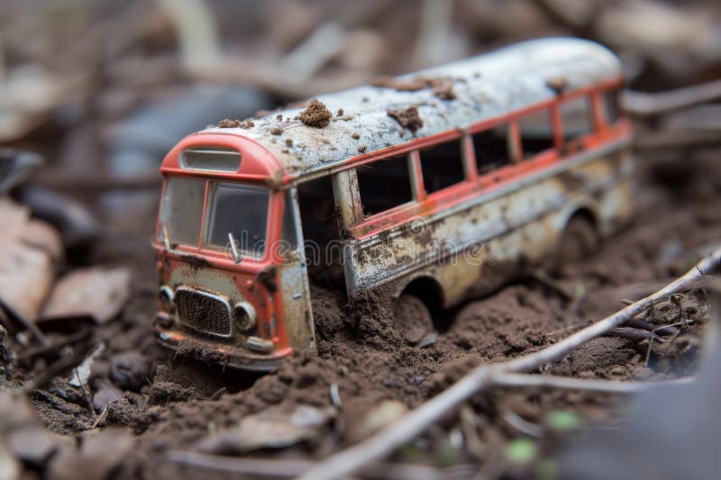 Miniatyrleksaksbuss med lera upp till övergivna fönster royaltyfri bild