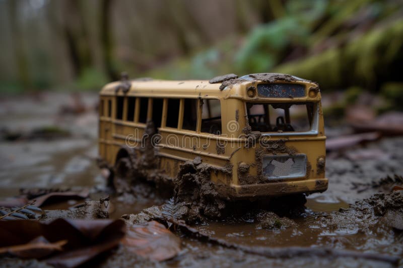 Miniatyrleksaksbuss med lera upp till övergivna fönster arkivfoton