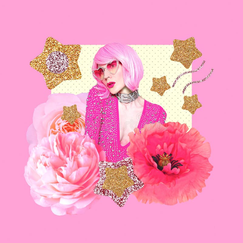 Contemporary Art Collage. Bloom Flowers Gliter Shine Lady. Retro ...