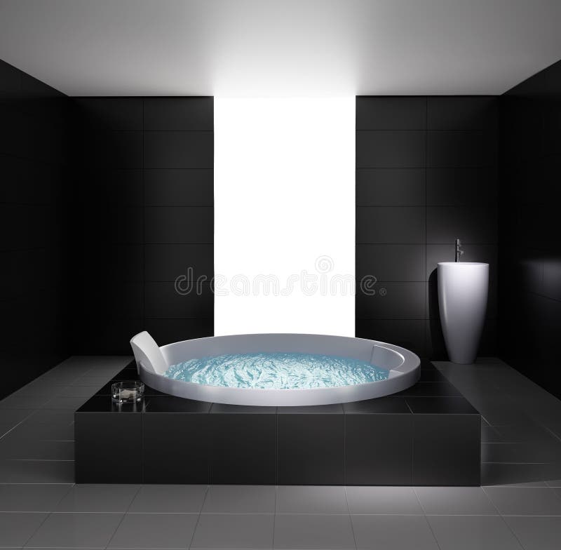 Minimal black white bathroom with jacuzzi bathtub. Minimal black white bathroom with jacuzzi bathtub