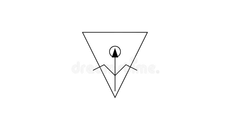 Minimal black line art icon of an inverted triangle with a central stem, angular shoulders, and a circle containing an upward vector illustration