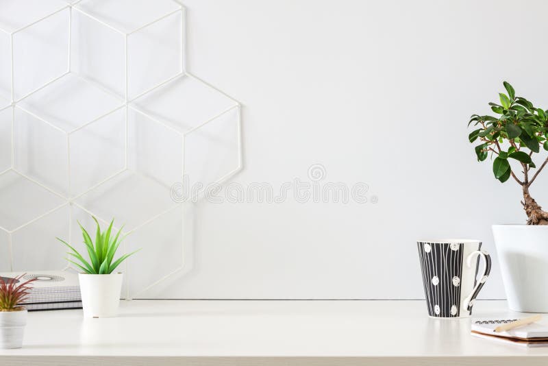 Minimal business desk. Blank wall copy space. Front view. Geometric toolbox royalty free stock image