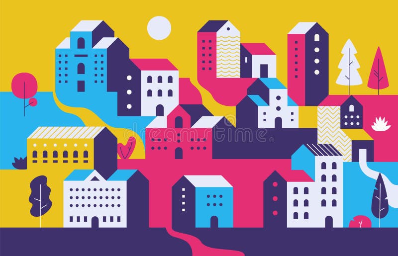 Minimal cityscape. Flat town houses with eco nature environment, modern geometric buildings. Vector cityscape background vector illustration Minimal cityscape. Flat town houses with eco nature environment, modern geometric buildings. Vector cityscape background vector illustration