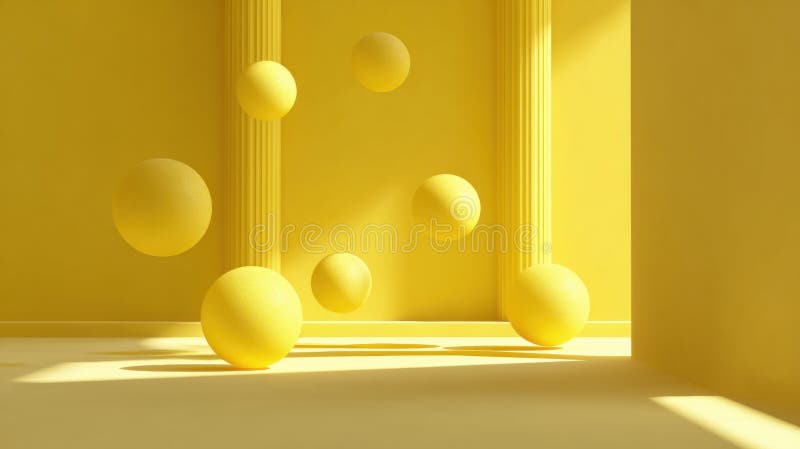Minimal 3D Scene with Floating Yellow Spheres on Monochrome Surface vector illustration