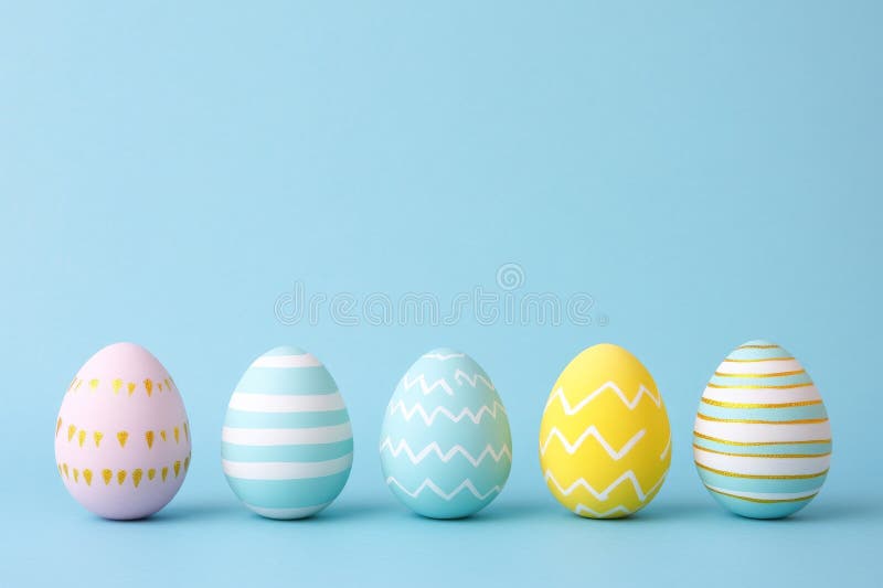 A minimal Easter card with three classic blue and gold decorated eggs on a blue background. Happy Easter card with space stock images