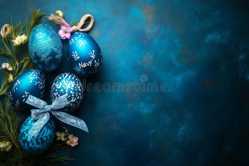 A minimal Easter composition featuring hand-painted blue eggs on a dark background, styled in a top view, flat lay, with royalty free stock photos