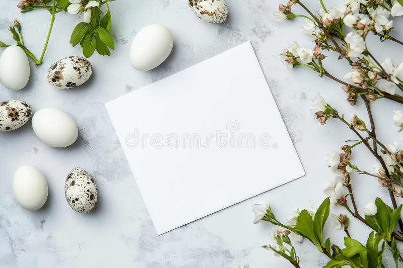 Minimal Easter flat lay with eggs, flowers, and a blank card on a white background stock photo