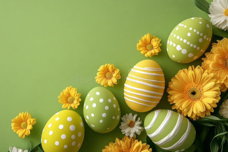 A minimal Easter floral arrangement with candy eggs, flowers, and ribbon on a green base royalty free stock photo