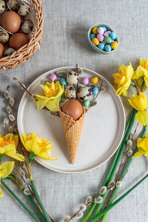 Minimal Easter holiday concept Flat lay stock photo