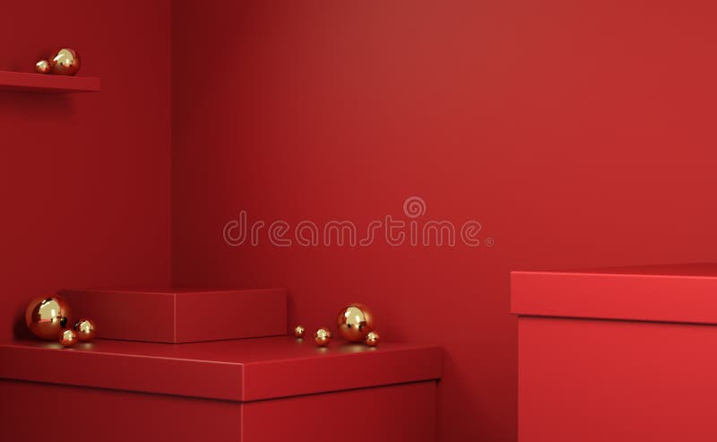 Minimal Empty Geometry Abstract Primitive Platform Shape Red Box With Gold Ball Background 3d Render stock illustration.